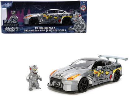 2009 Nissan GT-R (R35) Ben Sopra Brushed Metal with Black Top and Graphics and Mechagodzilla Diecast Figure "Godzilla" Franchise "Anime Hollywood Rides" Series 1/24 Diecast Model