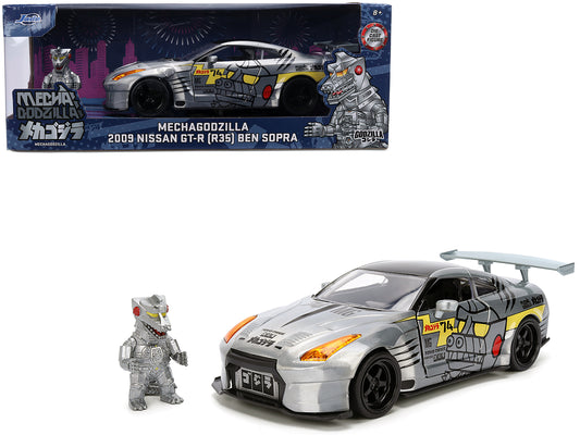 2009 Nissan GT-R (R35) Ben Sopra Brushed Metal with Black Top and Graphics and Mechagodzilla Diecast Figure "Godzilla" Franchise "Anime Hollywood Rides" Series 1/24 Diecast Model