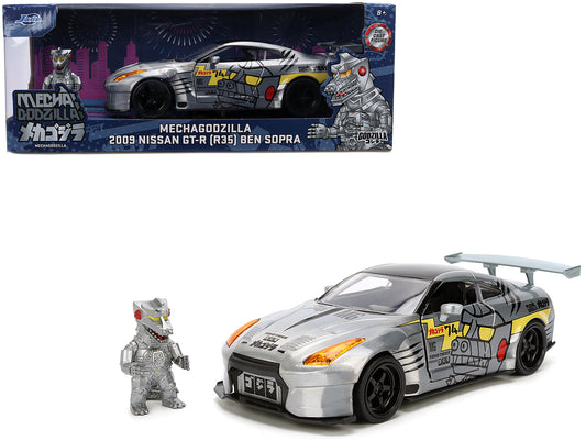 2009 Nissan GT-R (R35) Ben Sopra Brushed Metal with Black Top and Graphics and Mechagodzilla Diecast Figure "Godzilla" Franchise "Anime Hollywood Rides" Series 1/24 Diecast Model