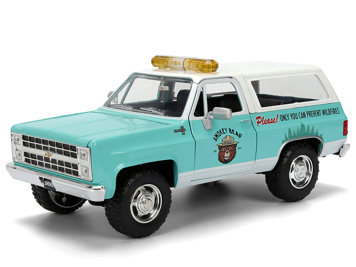 1980 Chevrolet Blazer Light Green with White Top and Graphics and Smokey Bear Diecast Figure "Smokey Bear" "Hollywood Rides" Series 1/24 Diecast Model