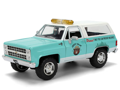 1980 Chevrolet Blazer Light Green with White Top and Graphics and Smokey Bear Diecast Figure "Smokey Bear" "Hollywood Rides" Series 1/24 Diecast Model