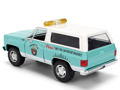 1980 Chevrolet Blazer Light Green with White Top and Graphics and Smokey Bear Diecast Figure "Smokey Bear" "Hollywood Rides" Series 1/24 Diecast Model