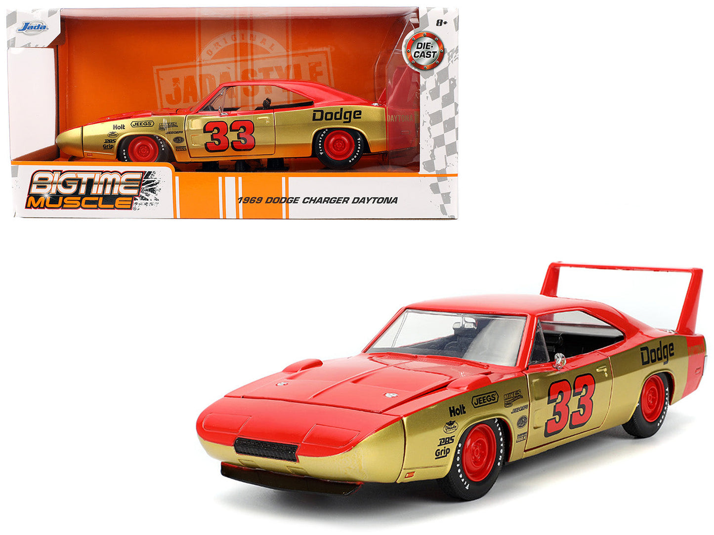 1969 Dodge Charger Daytona #33 Red and Gold Metallic with Graphics "Bigtime Muscle" Series 1/24 Diecast Model Car