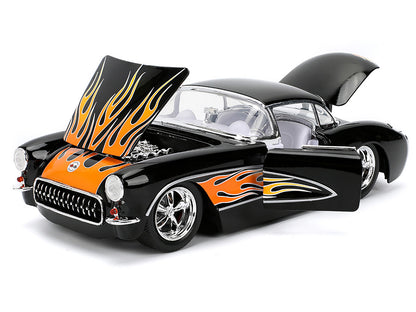 1957 Chevrolet Corvette Black with Flame Graphics and White Interior "Bigtime Muscle" Series 1/24 Diecast Model Car
