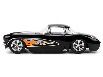 1957 Chevrolet Corvette Black with Flame Graphics and White Interior "Bigtime Muscle" Series 1/24 Diecast Model Car