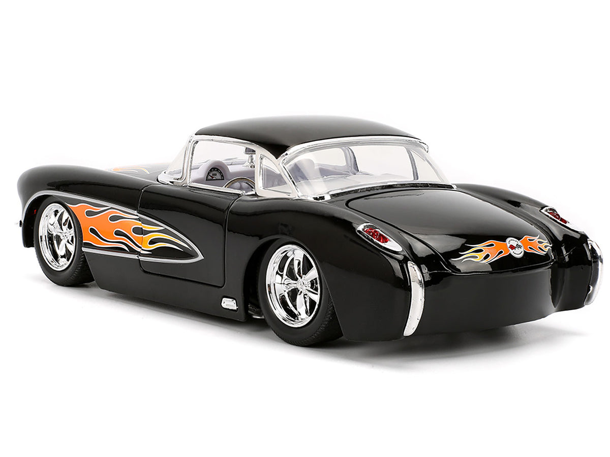 1957 Chevrolet Corvette Black with Flame Graphics and White Interior "Bigtime Muscle" Series 1/24 Diecast Model Car
