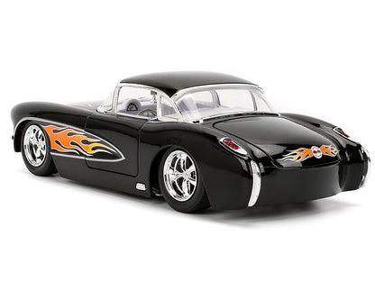 1957 Chevrolet Corvette Black with Flame Graphics and White Interior "Bigtime Muscle" Series 1/24 Diecast Model Car