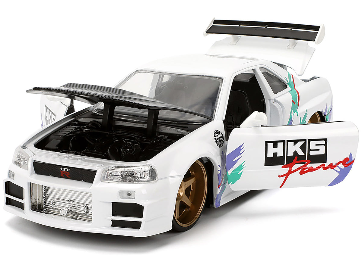2002 Nissan Skyline GT-R (R34) RHD (Right Hand Drive) "HKS Power" White with Carbon Hood and Graphics "JDM Tuners" Series 1/24 Diecast Model Car