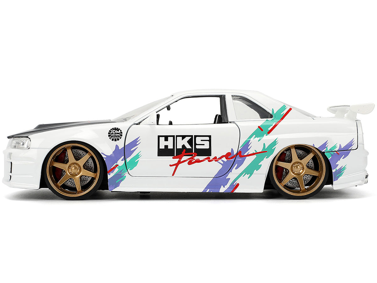 2002 Nissan Skyline GT-R (R34) RHD (Right Hand Drive) "HKS Power" White with Carbon Hood and Graphics "JDM Tuners" Series 1/24 Diecast Model Car