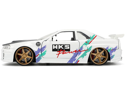 2002 Nissan Skyline GT-R (R34) RHD (Right Hand Drive) "HKS Power" White with Carbon Hood and Graphics "JDM Tuners" Series 1/24 Diecast Model Car