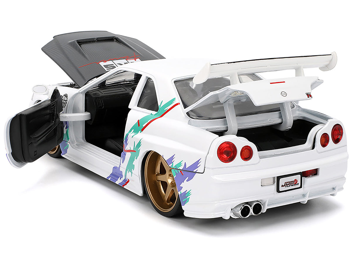 2002 Nissan Skyline GT-R (R34) RHD (Right Hand Drive) "HKS Power" White with Carbon Hood and Graphics "JDM Tuners" Series 1/24 Diecast Model Car