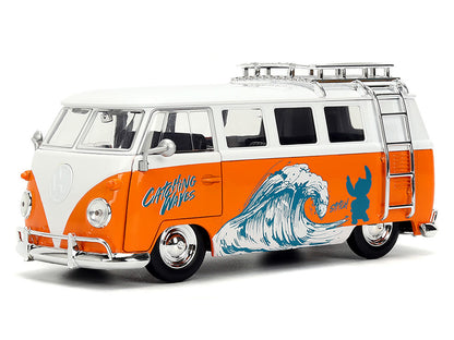 1961 Volkswagen Bus "Catching Waves" White and Orange with Stich Diecast Figure "Disney's Stitch" "Hollywood Rides" Series 1/24 Diecast Model