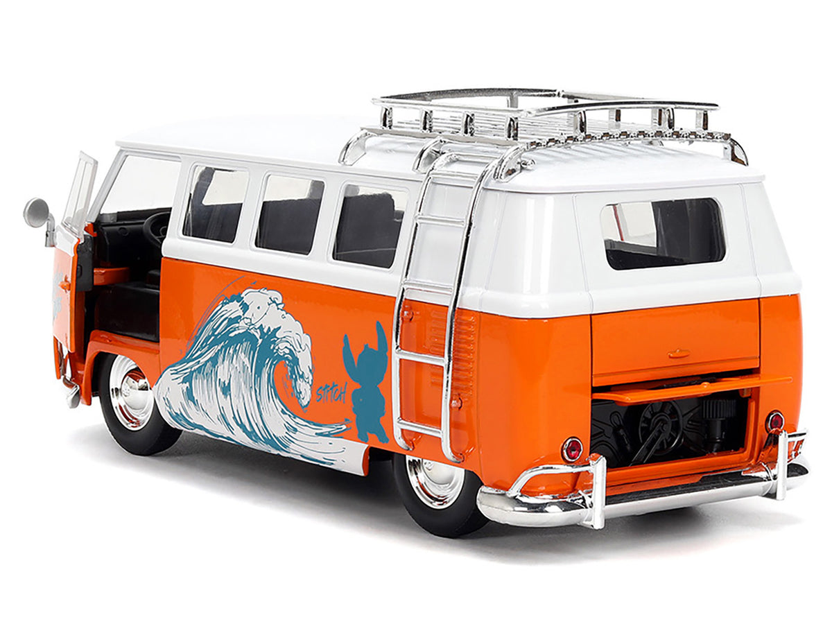 1961 Volkswagen Bus "Catching Waves" White and Orange with Stich Diecast Figure "Disney's Stitch" "Hollywood Rides" Series 1/24 Diecast Model