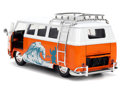 1961 Volkswagen Bus "Catching Waves" White and Orange with Stich Diecast Figure "Disney's Stitch" "Hollywood Rides" Series 1/24 Diecast Model