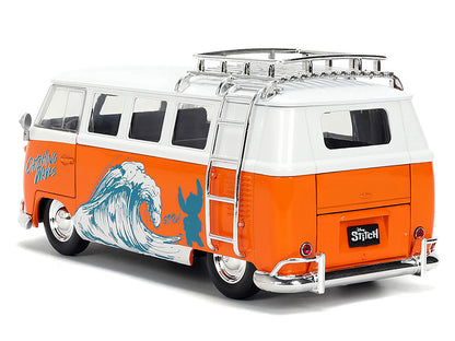 1961 Volkswagen Bus "Catching Waves" White and Orange with Stich Diecast Figure "Disney's Stitch" "Hollywood Rides" Series 1/24 Diecast Model