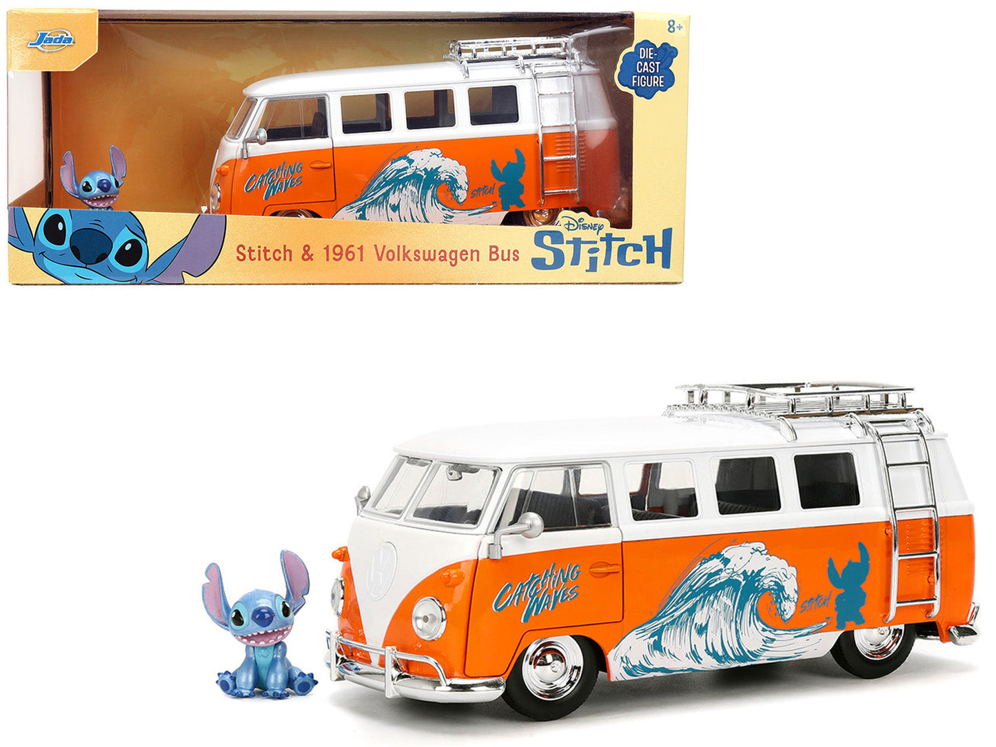 1961 Volkswagen Bus "Catching Waves" White and Orange with Stich Diecast Figure "Disney's Stitch" "Hollywood Rides" Series 1/24 Diecast Model