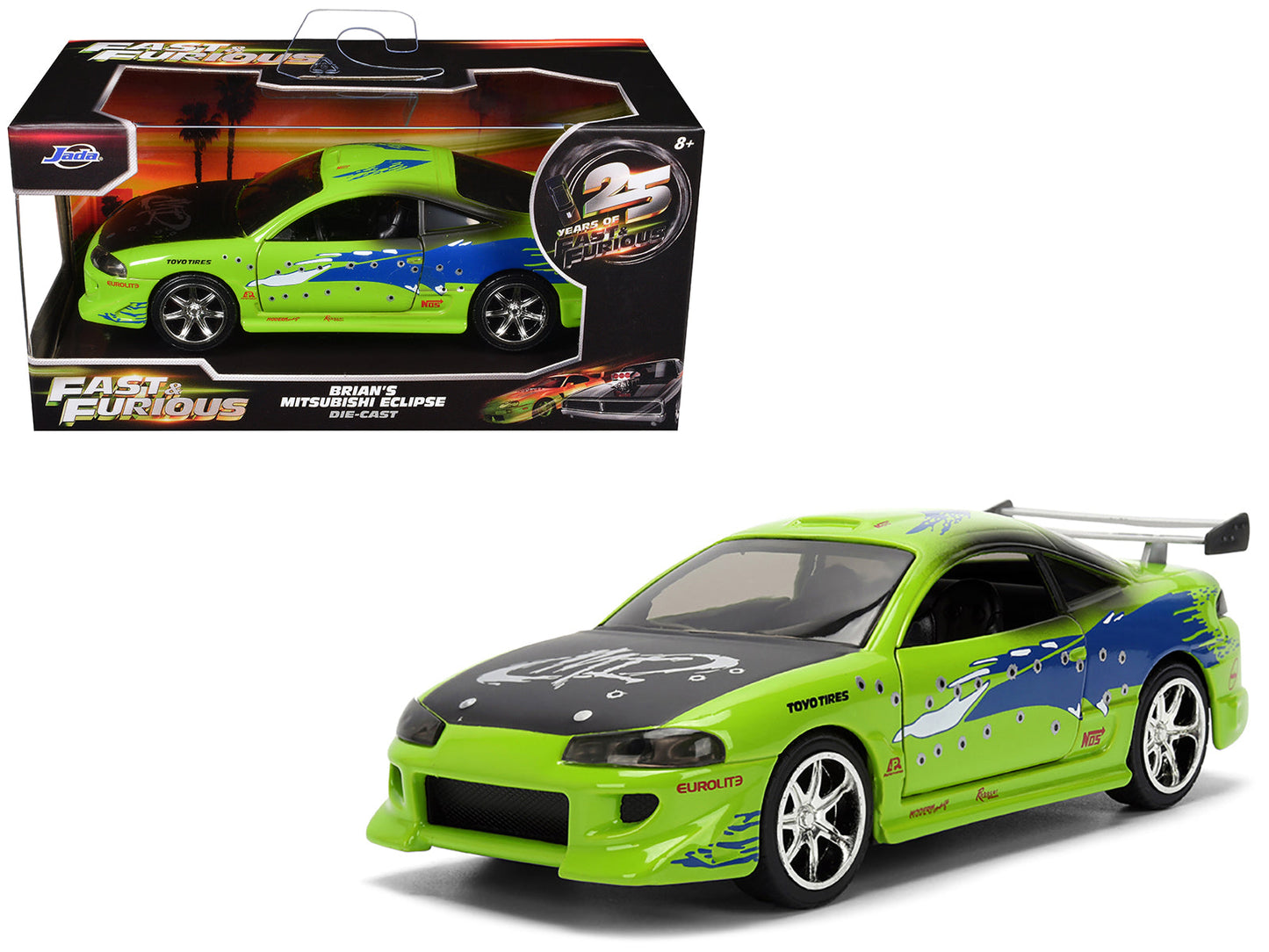 Brian's Mitsubishi Eclipse Green with Graphics (Damaged Version) "25 Years of Fast & Furious" "The Fast and the Furious" (2001) Movie 1/32 Diecast Model Car