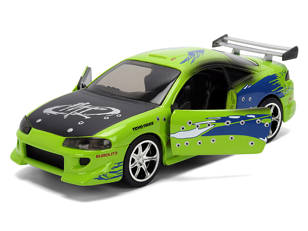 Brian's Mitsubishi Eclipse Green with Graphics (Damaged Version) "25 Years of Fast & Furious" "The Fast and the Furious" (2001) Movie 1/32 Diecast Model Car
