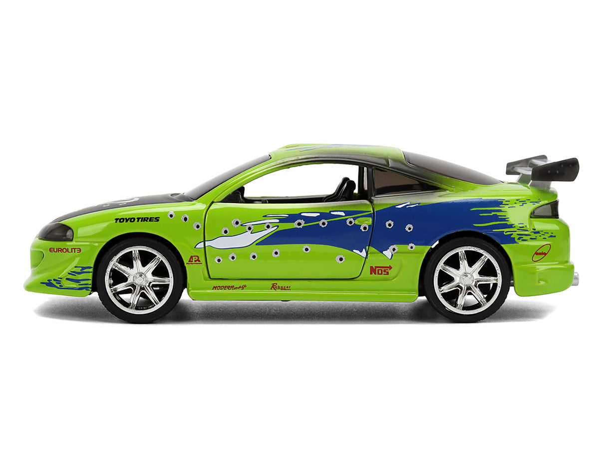 Brian's Mitsubishi Eclipse Green with Graphics (Damaged Version) "25 Years of Fast & Furious" "The Fast and the Furious" (2001) Movie 1/32 Diecast Model Car