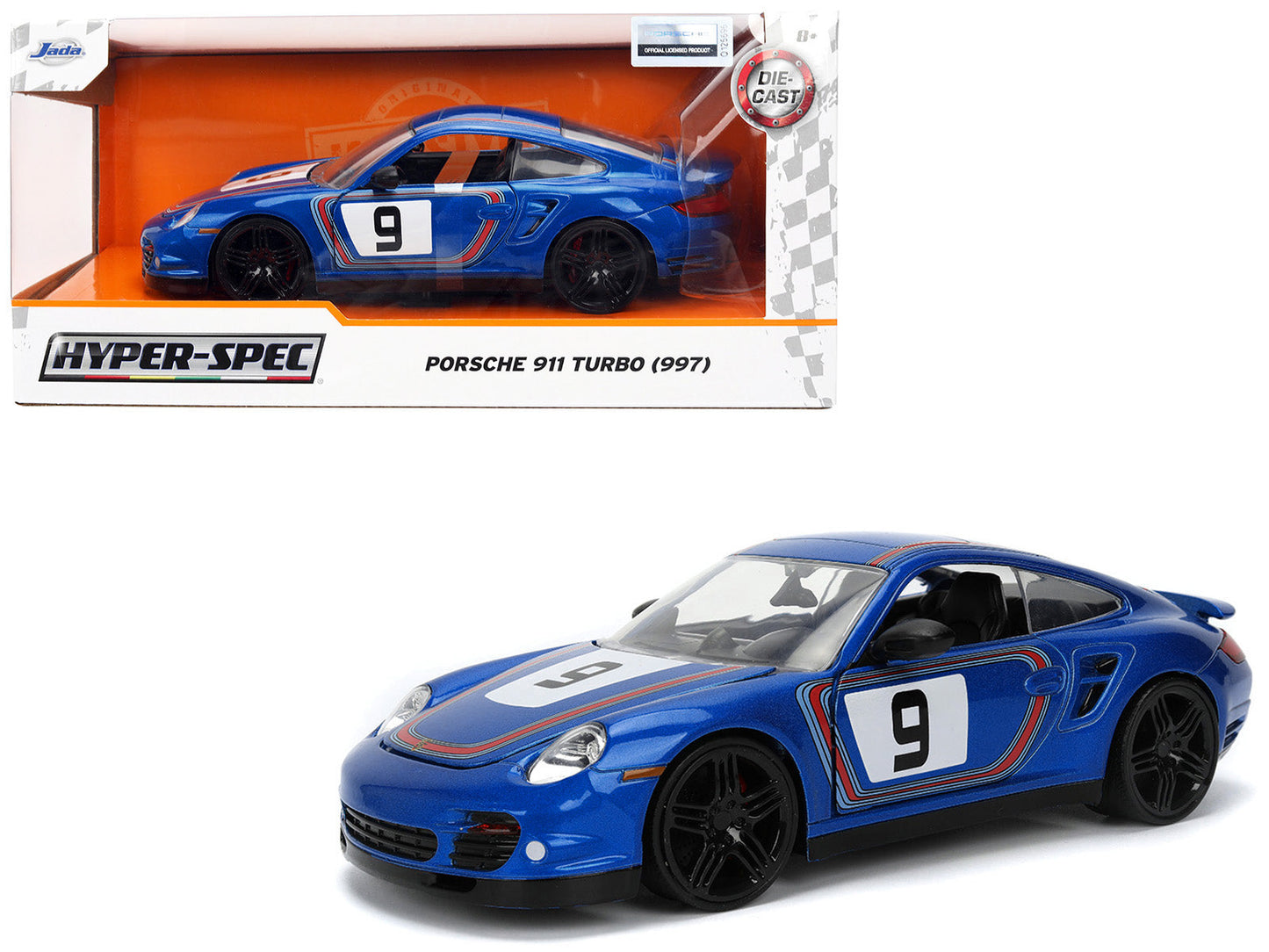 Porsche 911 Turbo (997) #9 Blue Metallic with Stripes "Hyper-Spec" Series 1/24 Diecast Model Car