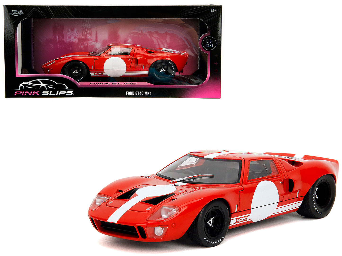 Ford GT40 MK1 Red with White Stripes and Graphics "Pink Slips" Series 1/18 Diecast Model Car