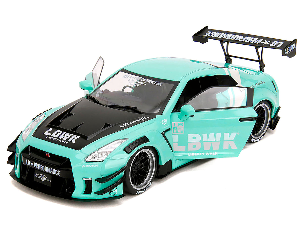 Nissan GT-R (R35) Liberty Walk Body Kit 2.0 RHD (Right Hand Drive) Light Blue with Black Hood and White Stripes "Pink Slips" Series 1/18 Diecast Model Car
