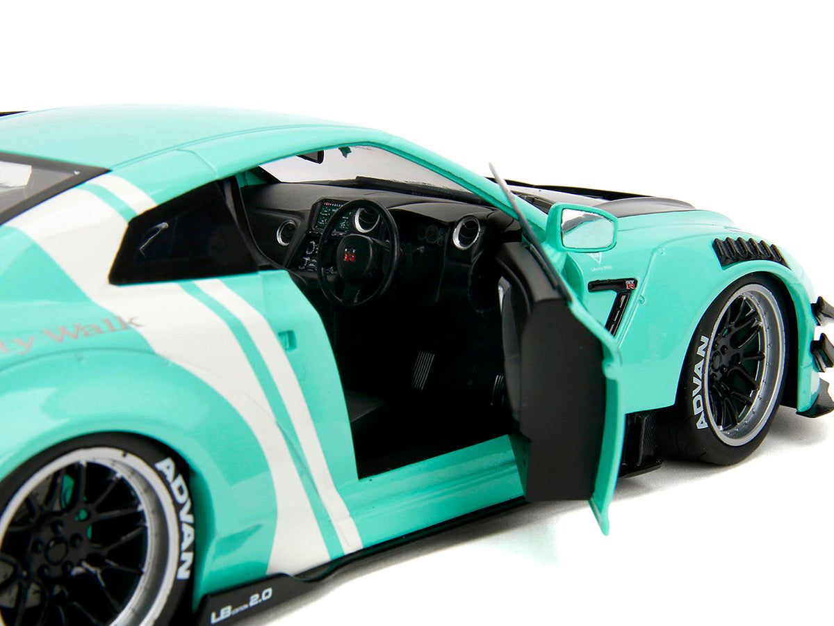 Nissan GT-R (R35) Liberty Walk Body Kit 2.0 RHD (Right Hand Drive) Light Blue with Black Hood and White Stripes "Pink Slips" Series 1/18 Diecast Model Car