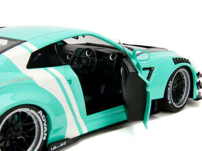 Nissan GT-R (R35) Liberty Walk Body Kit 2.0 RHD (Right Hand Drive) Light Blue with Black Hood and White Stripes "Pink Slips" Series 1/18 Diecast Model Car
