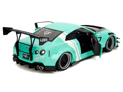 Nissan GT-R (R35) Liberty Walk Body Kit 2.0 RHD (Right Hand Drive) Light Blue with Black Hood and White Stripes "Pink Slips" Series 1/18 Diecast Model Car