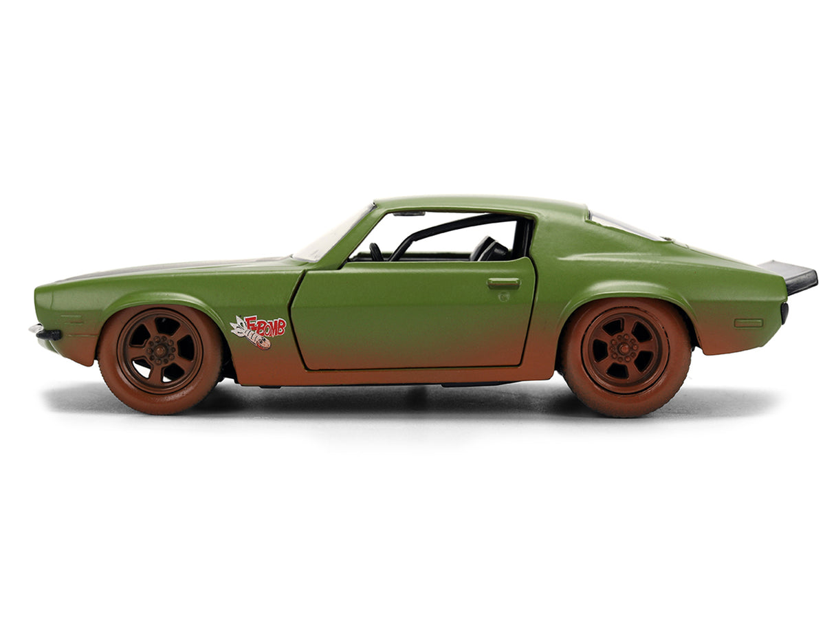 Dom's 1973 Chevrolet Camaro "F-Bomb" Matt Green (Dirty Version) with Black Hood Stripe "Fast & Furious" (2009) Movie "Fast & Furious 25 Years" Series 1/32 Diecast Model Car
