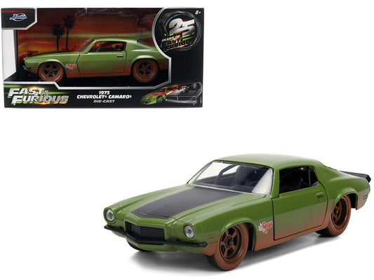 Dom's 1973 Chevrolet Camaro "F-Bomb" Matt Green (Dirty Version) with Black Hood Stripe "Fast & Furious" (2009) Movie "Fast & Furious 25 Years" Series 1/32 Diecast Model Car