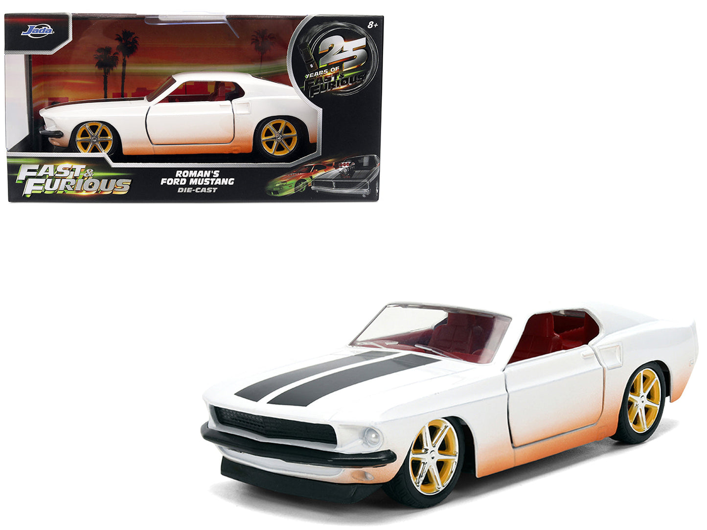 Roman's Ford Mustang White with Black Stripes and Red Interior (Dirty Version) "Fast & Furious" Movie "Fast & Furious 25th Anniversary" Series 1/32 Diecast Model Car