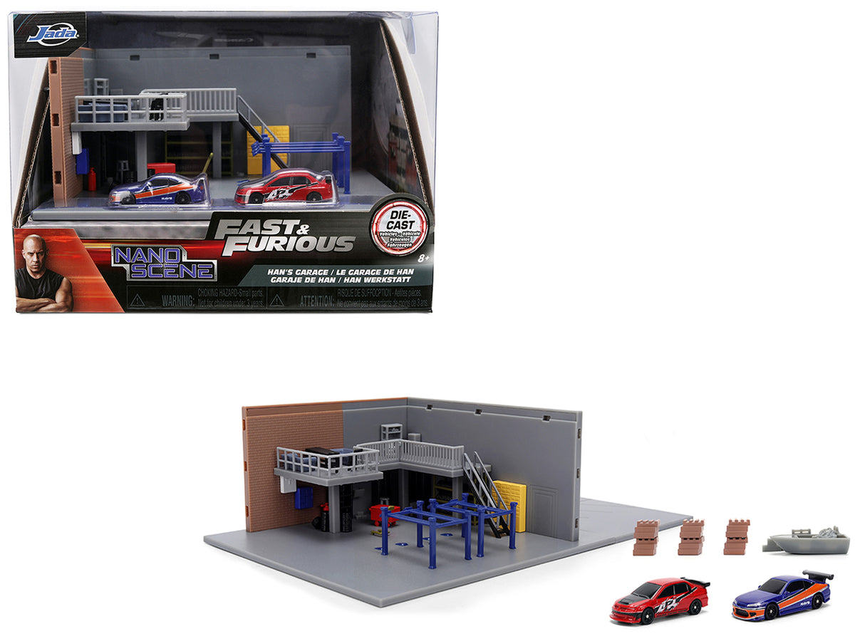 "Fast & Furious" Han's Garage Diorama with 2 Cars and Accessories "Nano Scene" Series 1/32 Model