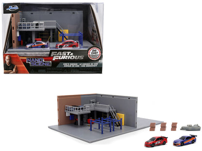 "Fast & Furious" Han's Garage Diorama with 2 Cars and Accessories "Nano Scene" Series 1/32 Model
