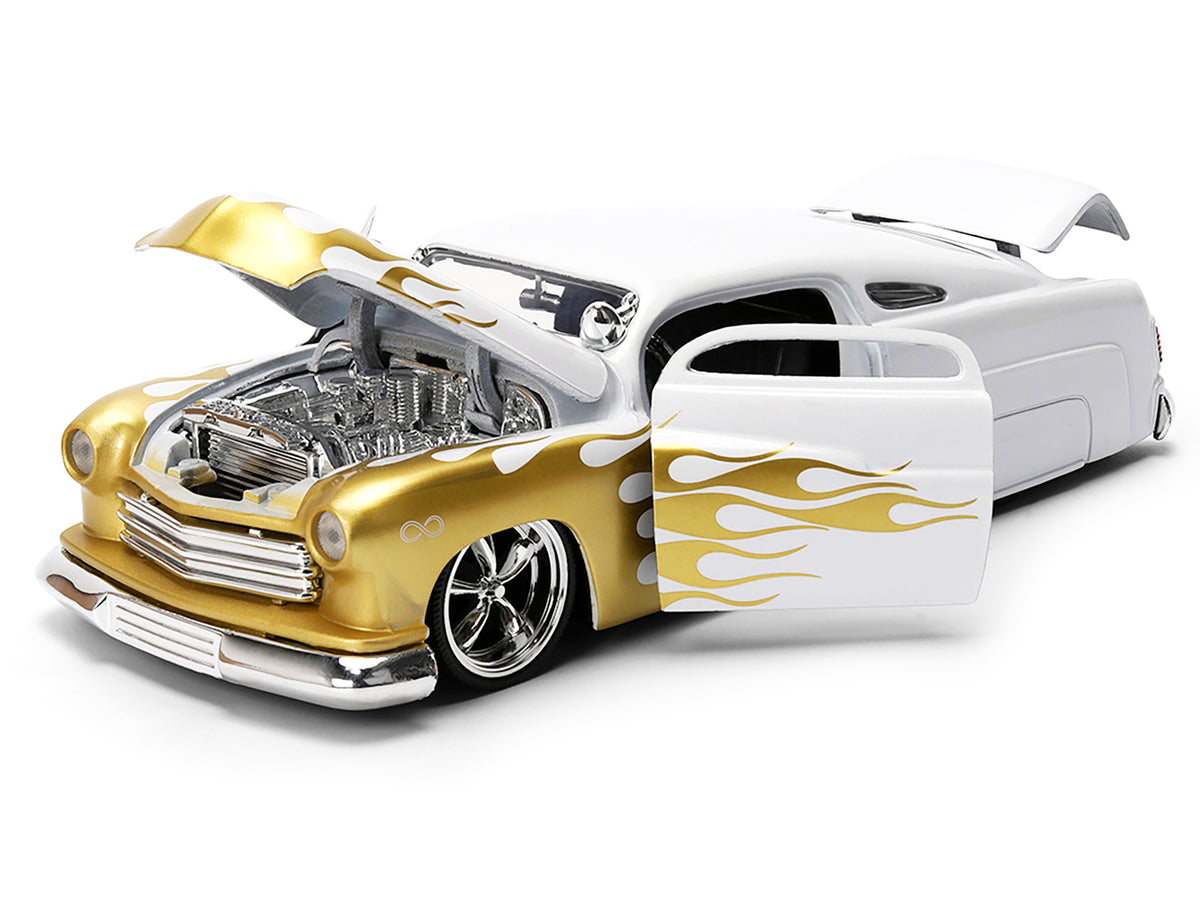 1951 Mercury Coupe White with Gold Flames "Bigtime Muscle" Series 1/24 Diecast Model Car