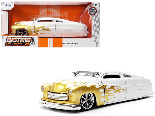 1951 Mercury Coupe White with Gold Flames "Bigtime Muscle" Series 1/24 Diecast Model Car