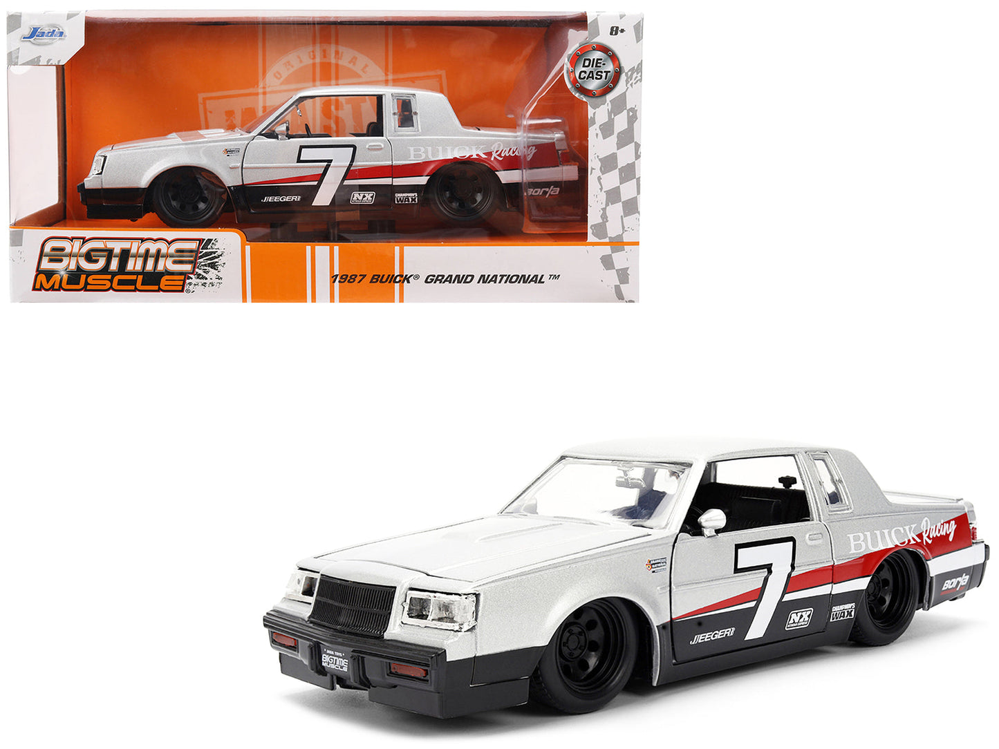 1987 Buick Grand National #7 "Buick Racing" Matt Silver Metallic with Red and Black Stripes "Bigtime Muscle" Series 1/24 Diecast Model