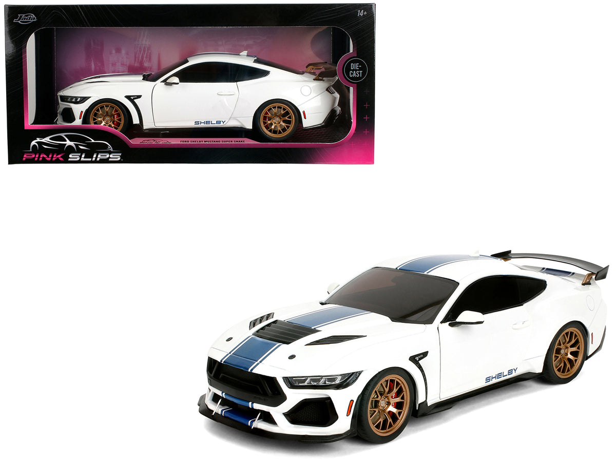 Ford Mustang Shelby Super Snake White Metallic with Blue Stripes and Gold Wheels "Pink Slips" Series 1/18 Diecast Model Car