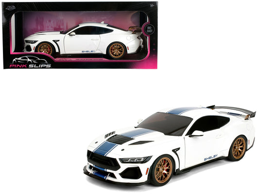 Ford Mustang Shelby Super Snake White Metallic with Blue Stripes and Gold Wheels "Pink Slips" Series 1/18 Diecast Model Car