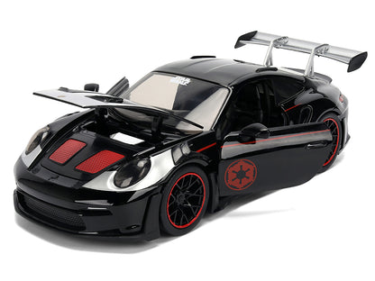 Porsche 911 GT3 RS (992) Black with Silver Hood and Graphics and Darth Vader Figure "Star Wars" Franchise "Hollywood Rides" Series 1/24 Diecast Model Car