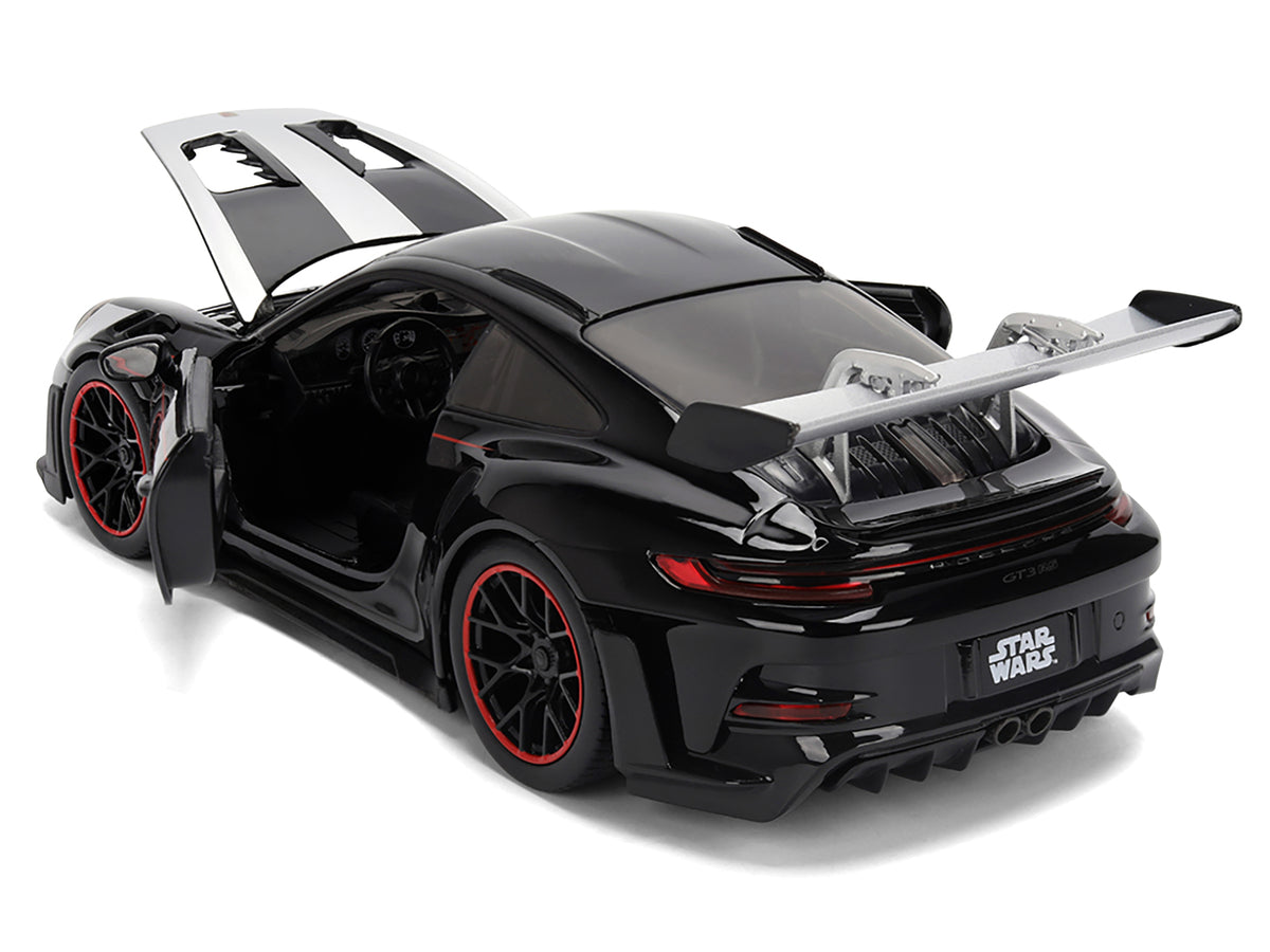 Porsche 911 GT3 RS (992) Black with Silver Hood and Graphics and Darth Vader Figure "Star Wars" Franchise "Hollywood Rides" Series 1/24 Diecast Model Car