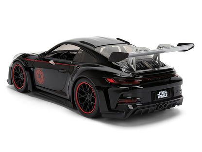 Porsche 911 GT3 RS (992) Black with Silver Hood and Graphics and Darth Vader Figure "Star Wars" Franchise "Hollywood Rides" Series 1/24 Diecast Model Car