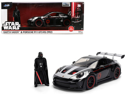 Porsche 911 GT3 RS (992) Black with Silver Hood and Graphics and Darth Vader Figure "Star Wars" Franchise "Hollywood Rides" Series 1/24 Diecast Model Car