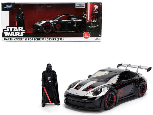 Porsche 911 GT3 RS (992) Black with Silver Hood and Graphics and Darth Vader Figure "Star Wars" Franchise "Hollywood Rides" Series 1/24 Diecast Model Car