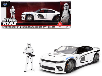 2021 Dodge Charger SRT Hellcat White with Graphics and Stormtrooper Figure "Star Wars" Franchise "Hollywood Rides" Series 1/24 Diecast Model Car