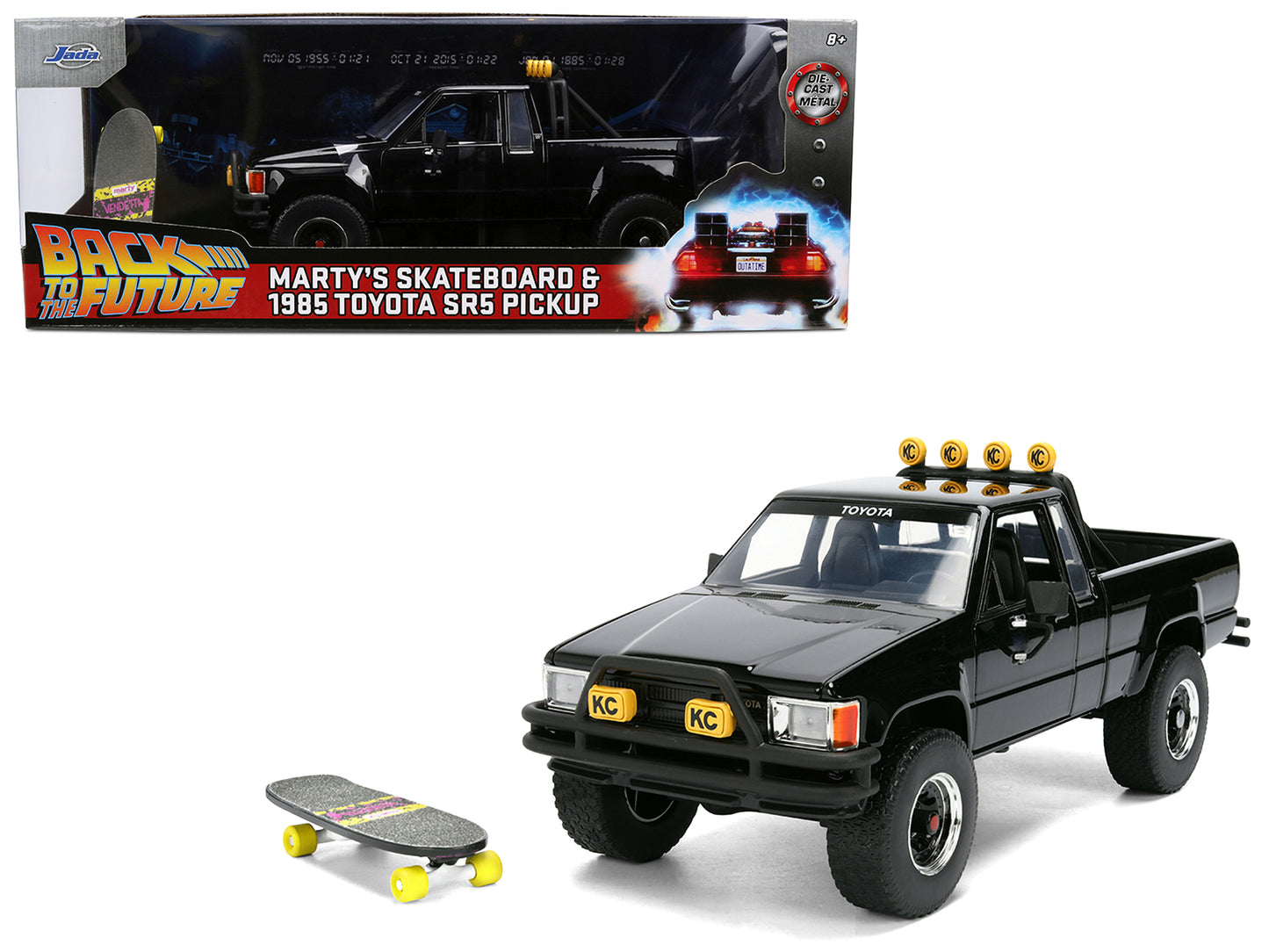 1985 Toyota SR5 Pickup Truck Black with Marty's Skateboard "Back to the Future" (1985) Movie "Hollywood Rides" Series 1/24 Diecast Model Car