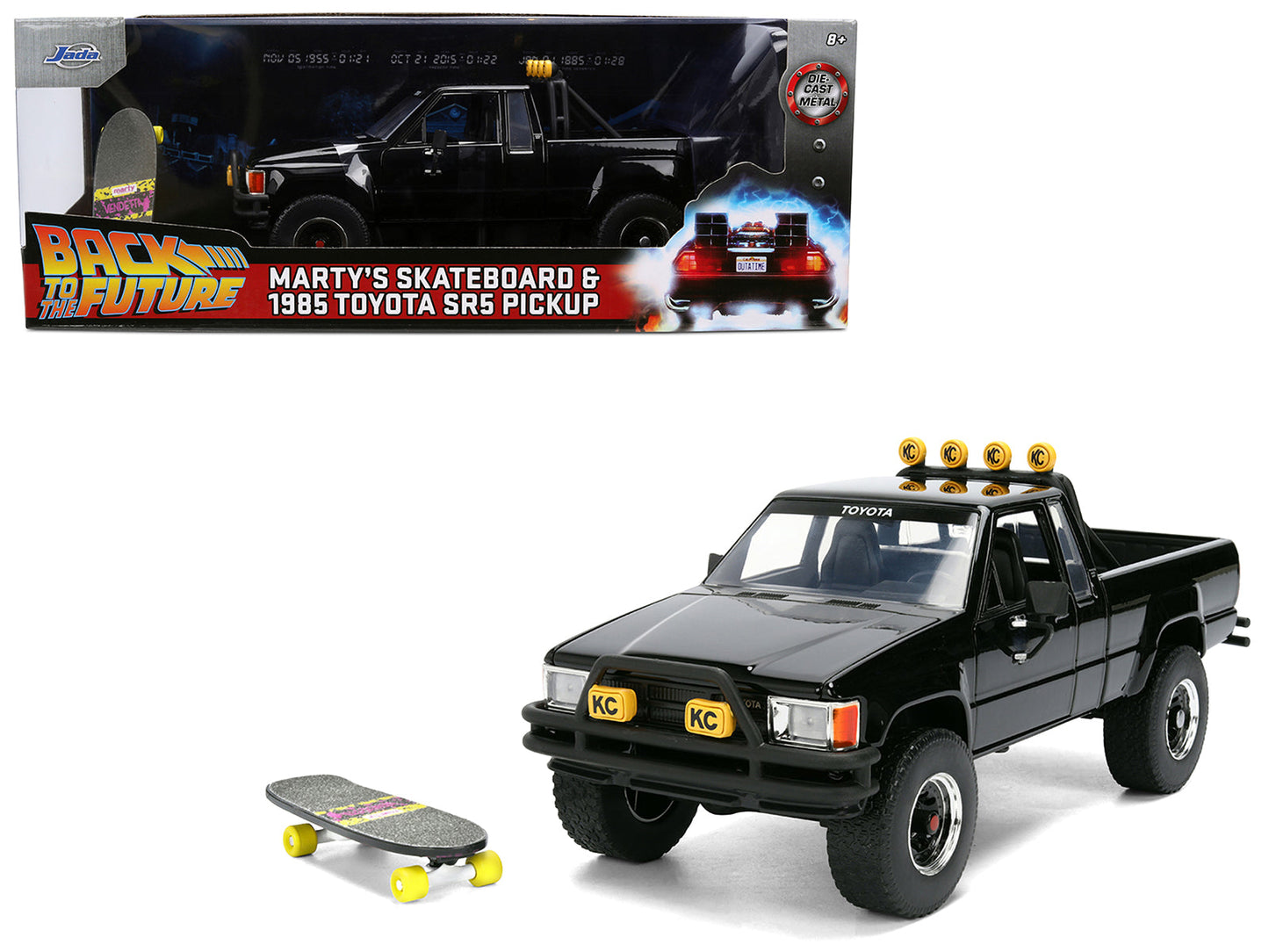 1985 Toyota SR5 Pickup Truck Black with Marty's Skateboard "Back to the Future" (1985) Movie "Hollywood Rides" Series 1/24 Diecast Model Car