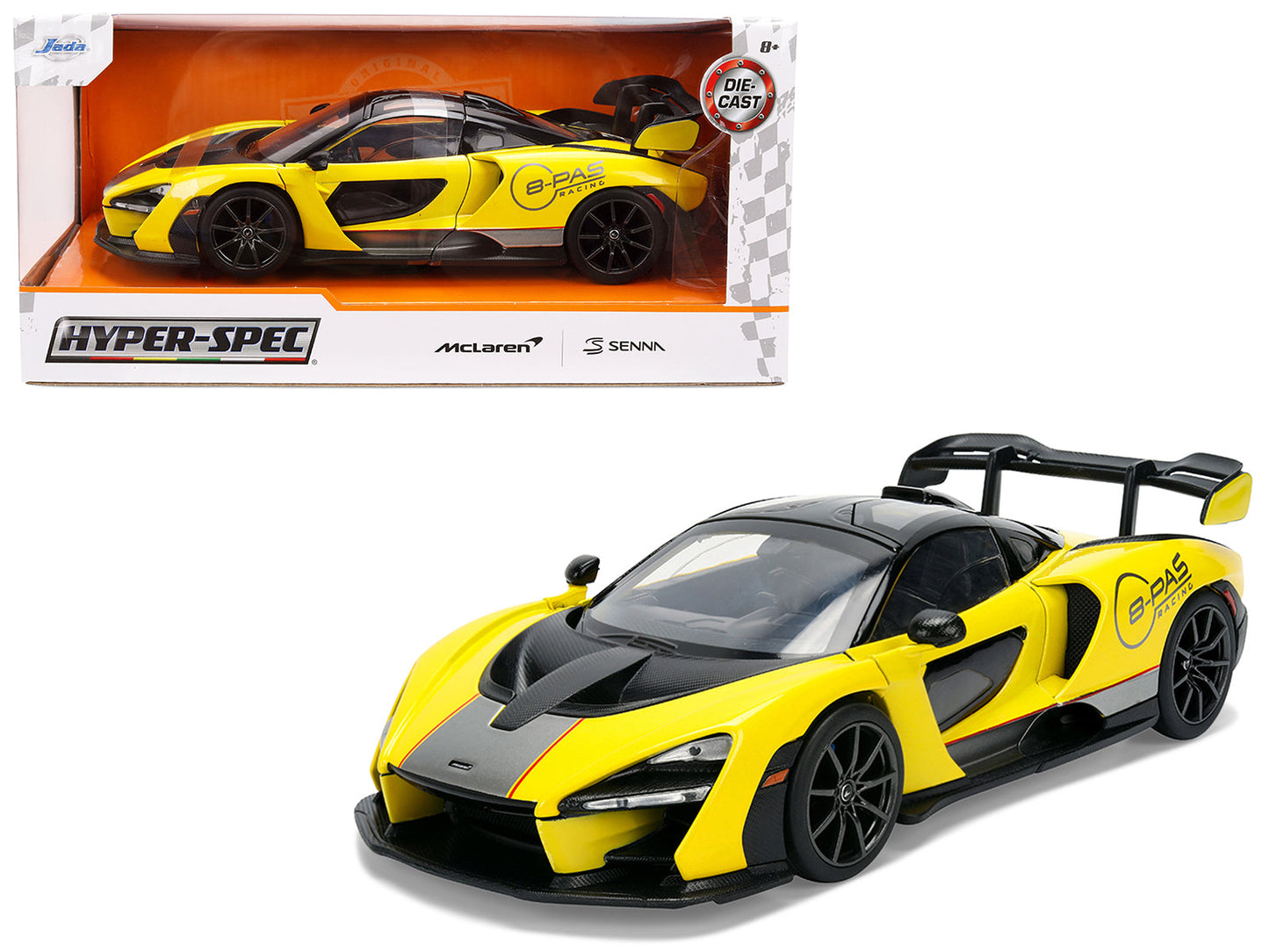 McLaren Senna "8-PAS Racing" Yellow Metallic with Black Top "Hyper-Spec" Series 1/24 Diecast Model Car