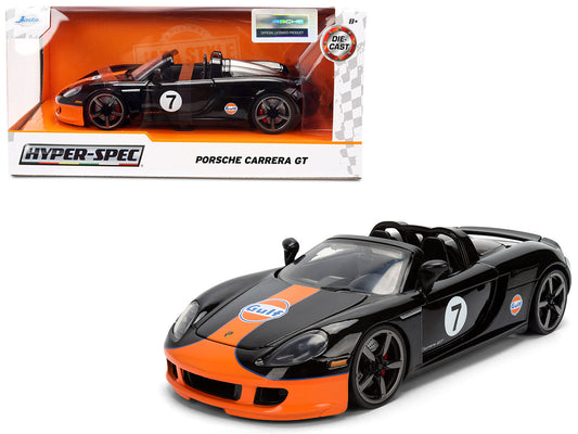 Porsche Carrera GT Convertible #7 "Gulf Oil" Black with Orange Graphics "Hyper-Spec" Series 1/24 Diecast Model Car