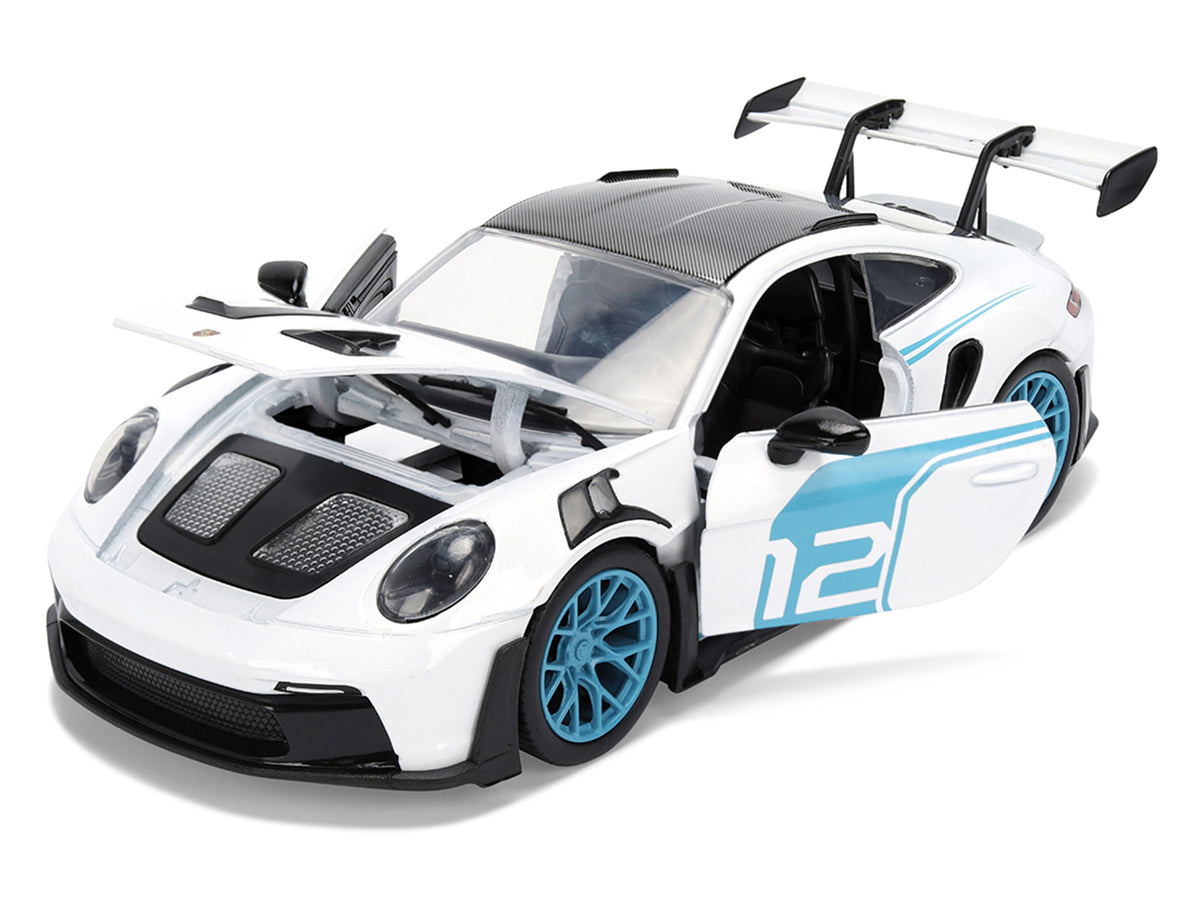 Porsche 911 GT3 RS (992) #12 White with Blue Stripes and Carbon Top "Hyper-Spec" Series 1/24 Diecast Model Car